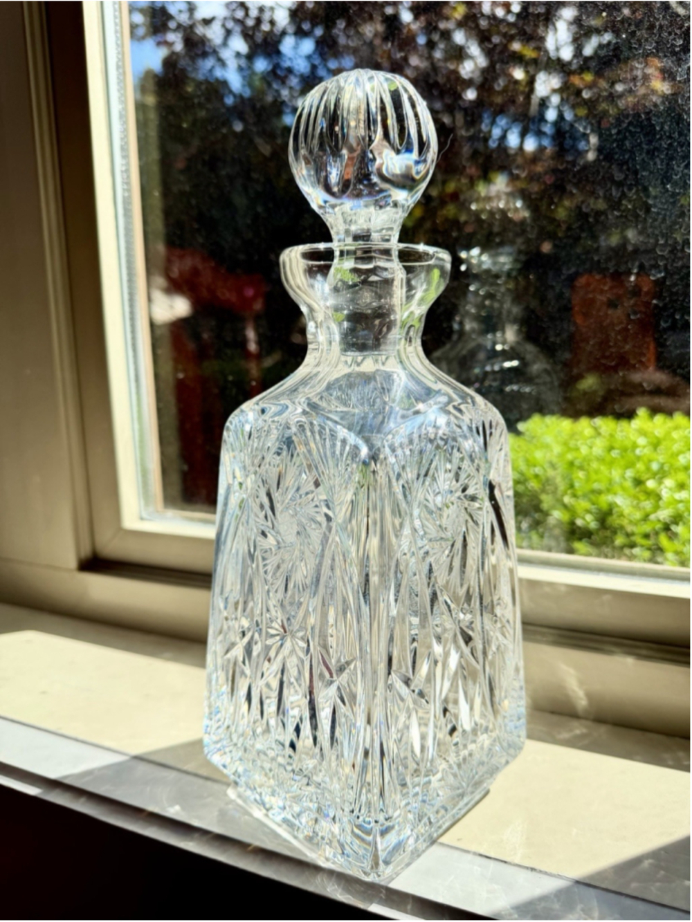 Vintage Hand Cut Lead Pinwheel Crystal Decanter Round Stopper Bohemian MCM